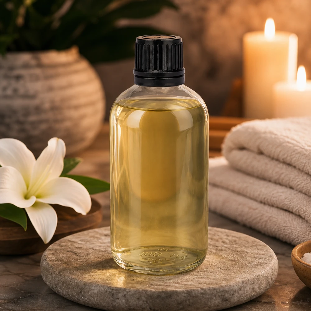 100ml (Globul)Flas. 3mm GR s. STD ClearL. UT18/100 Fiaschetta cilindrica in vetro trasparente da 100 ml su una pietra naturale con un giglio bianco e candele in un centro benessere