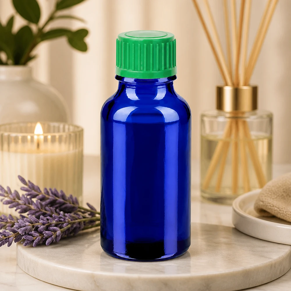 Flacone contagocce da 20 ml 0,8 mm verde STD BlueLine UT18/20 Flacone in vetro blu da 20 ml con protezione UV e tappo contagocce verde per sostanze sensibili alla luce