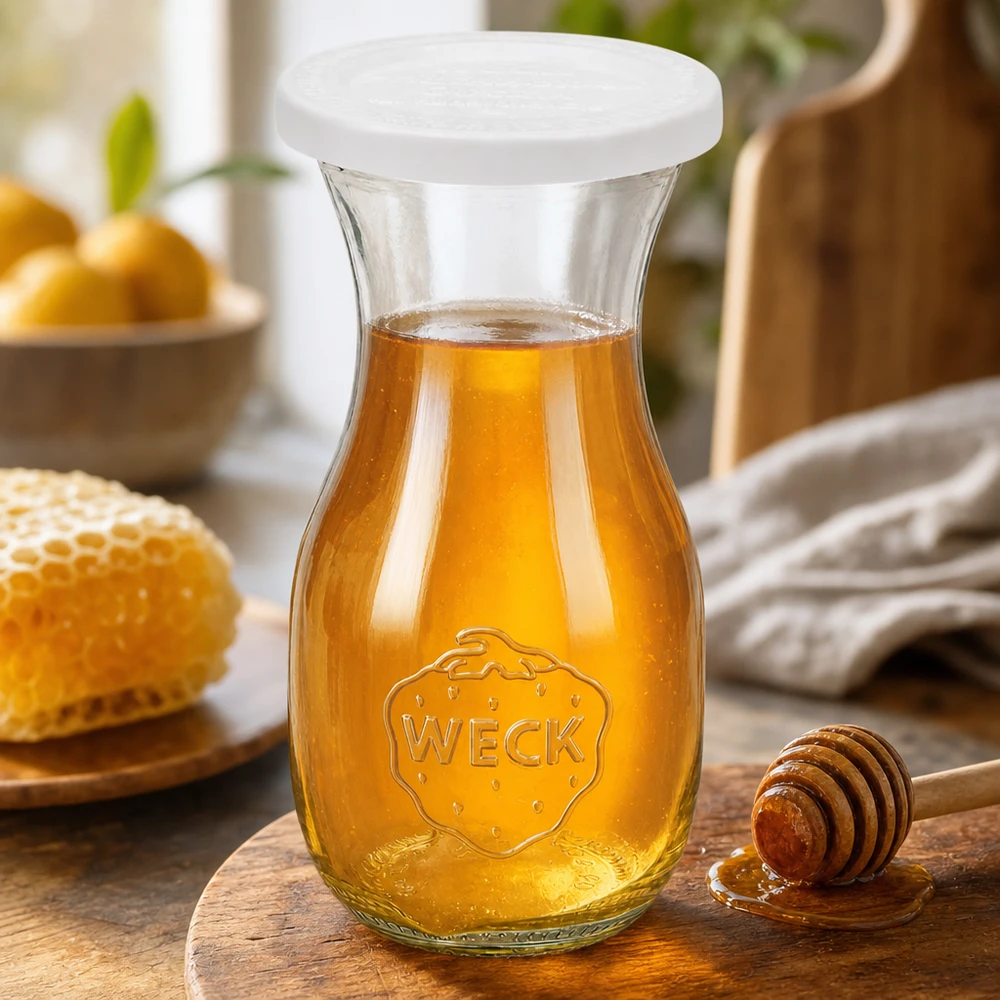 Bottiglia di succo WECK da 290 ml con coperchio RR60 fresh riempita di miele dorato accanto a un cucchiaio e a un favo di miele
