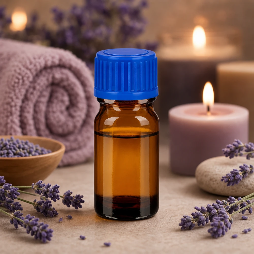Flacone da 5 ml in vetro marrone BrownLine per applicazioni di aromaterapia e benessere con tappo blu