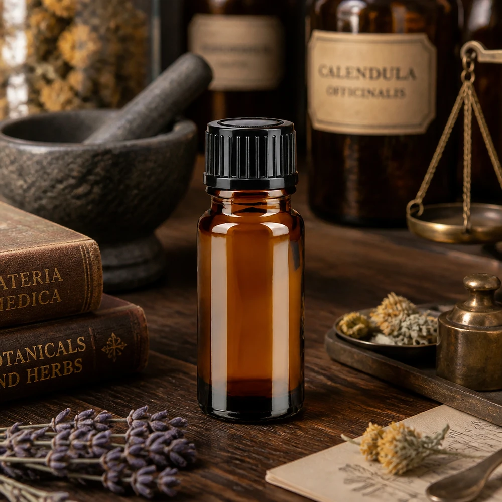 Flacone da farmacia marrone da 10 ml SV STD con tappo a vite da 11 mm accanto al flacone di Calendula Officinalis