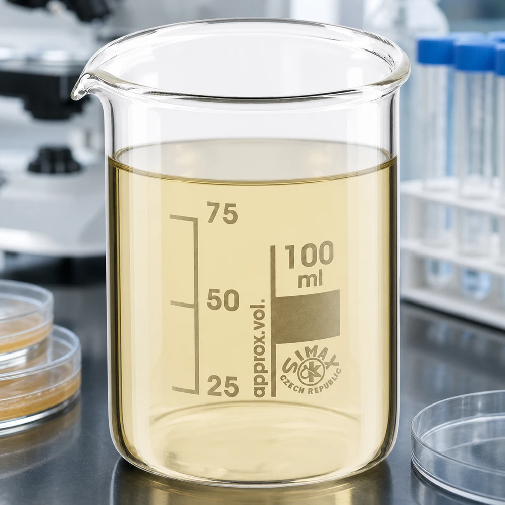 Bicchiere trasparente da 100 ml in vetro borosilicato con liquido giallo e graduazione precisa