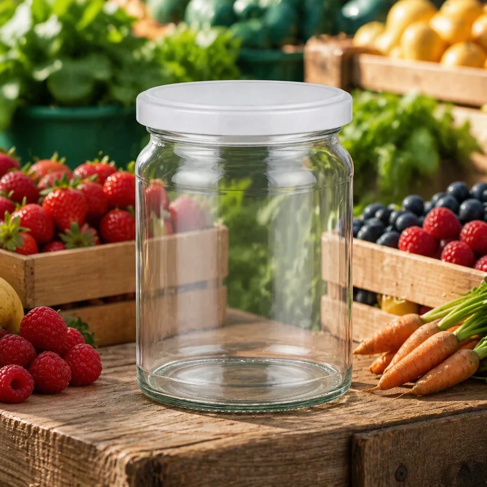 Barattolo rotondo da 205 ml con coperchio BasicSeal bianco UNiTWIST Barattolo rotondo da 205 ml UNiTWIST su tavolo di legno con frutta e verdura fresca - ideale per marmellata e conserve
