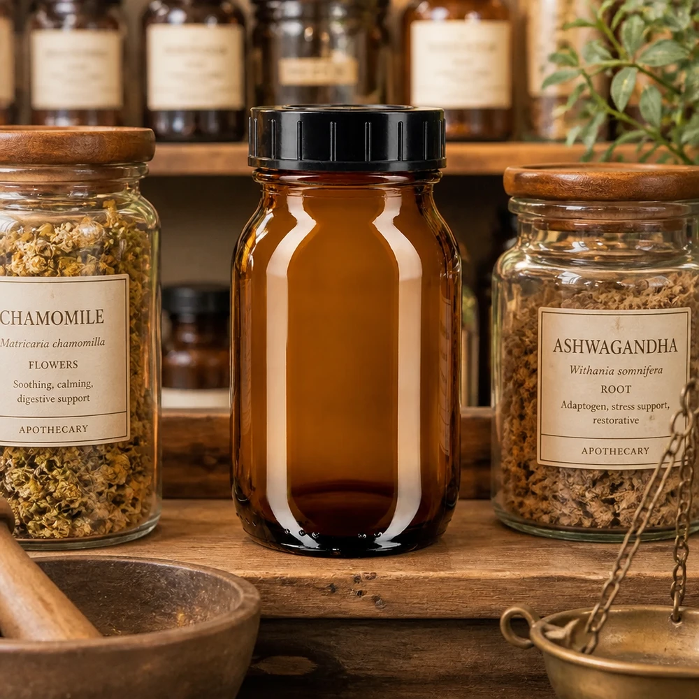 Bottiglia a collo largo da 100 ml in vetro ambrato con tappo a vite Barattolo da 100 ml con tappo a vite in vetro ambrato di alta qualità ideale per erbe e spezie