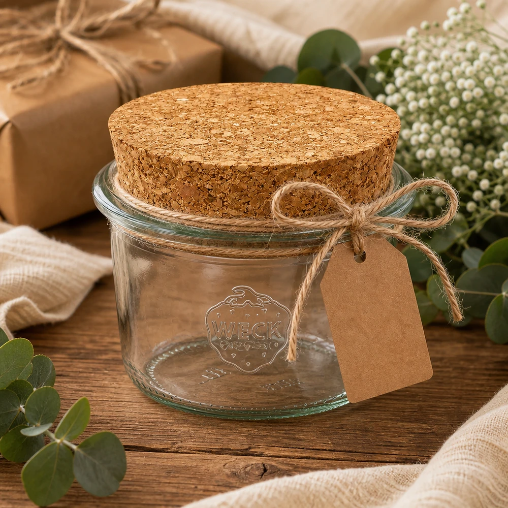 Bicchieri da 80ml WECK RR60 con tappo in sughero naturale WECK tumbler 80ml RR60 idea regalo con etichetta in sughero e nastro di iuta decorato su un tavolo di legno