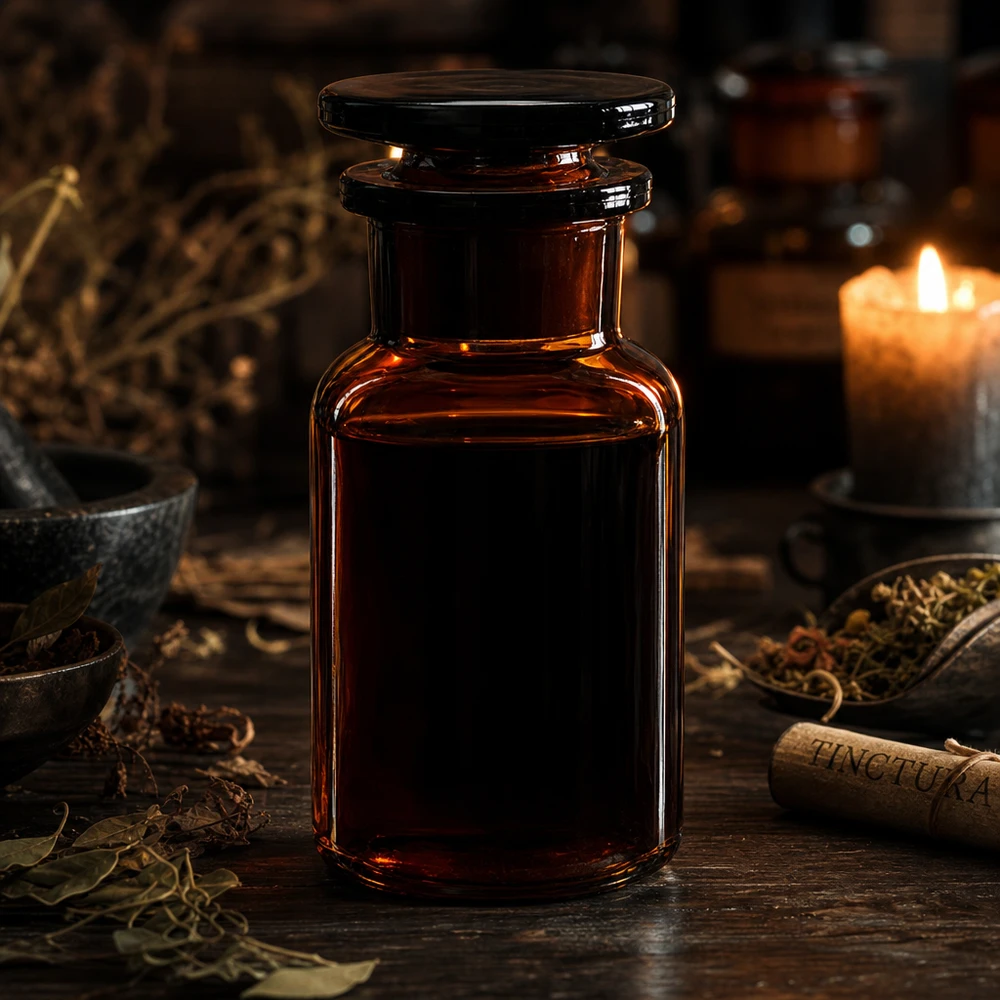 Fiaschetta scura da tintura da 100 ml, a spalla arrotondata e collo largo, con tappo in vetro, erbe aromatiche e candela