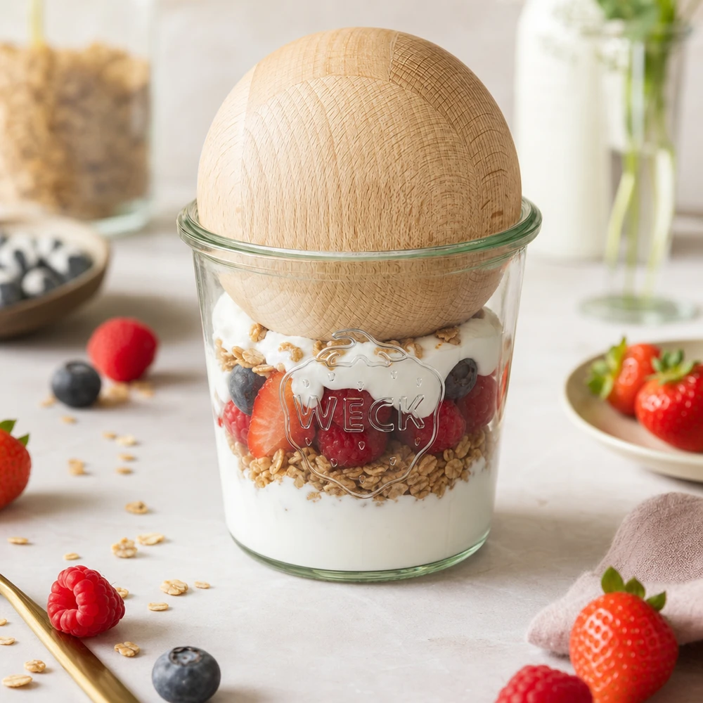 Bicchieri da 580 ml WECK RR100 con sfera di legno in faggio WECK RR100 vaso in muratura da 580 ml con sfera in legno di faggio come ciotola per cereali con yogurt e granola sul bancone della cucina