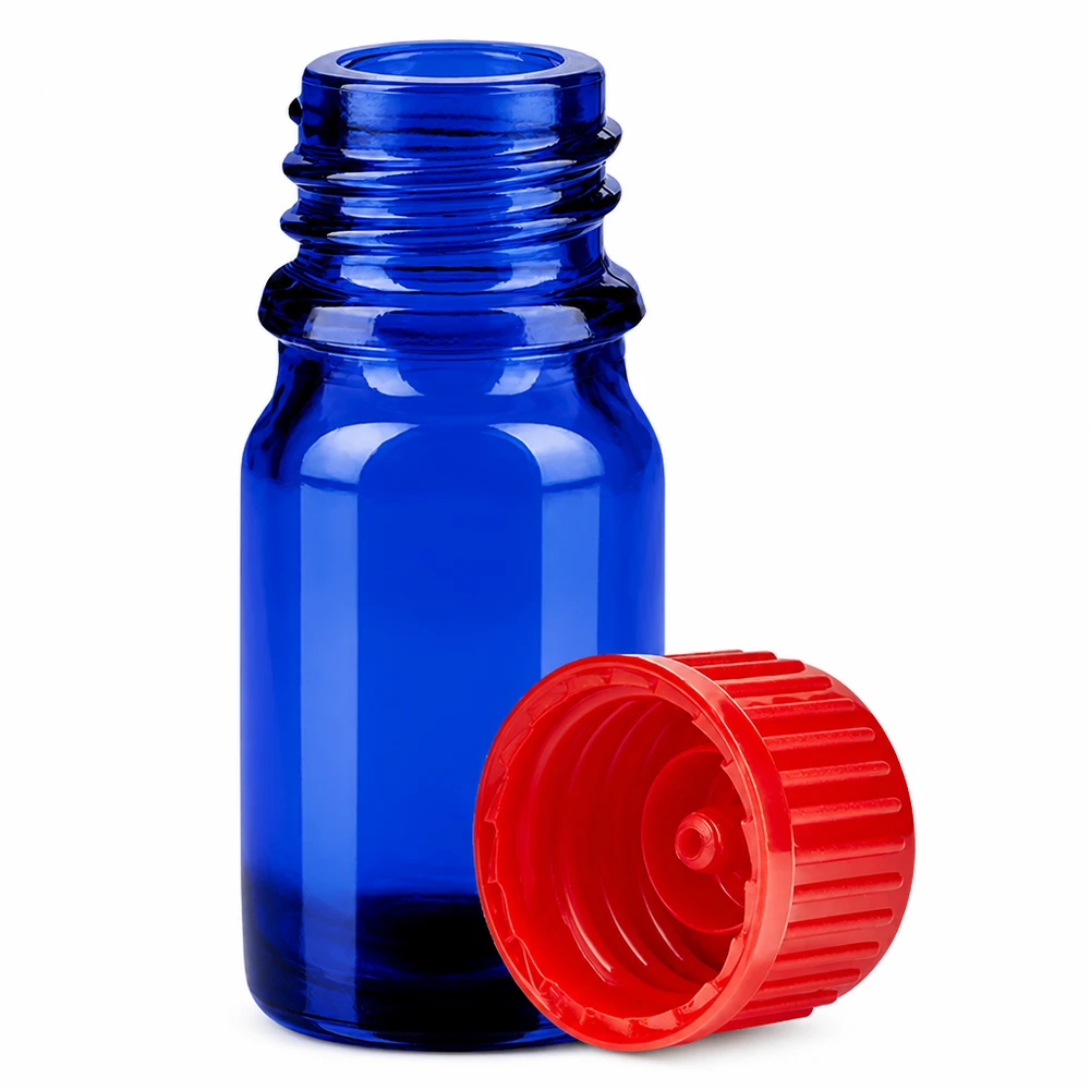 Flacone da 5ml 11mm SV rosso STD BlueLine UT18/5 Flacone professionale in vetro da 5 ml blu con filettatura da 11 mm e tappo rosso per farmacia