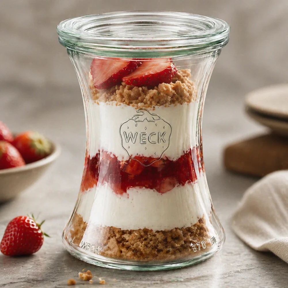 Barattolo da 370 ml con coperchio in vetro WECK RR80 Vaso per salumi WECK 370ml RR80 come vaso da dessert con fragole e zuccherini mostra un elegante look a strati