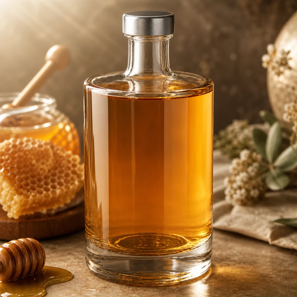 Bottiglia di vetro da 500 ml Sam riempita di miele accanto a nido d'ape e cucchiaio di miele Decorazione rustica per cucina Esempio di applicazione
