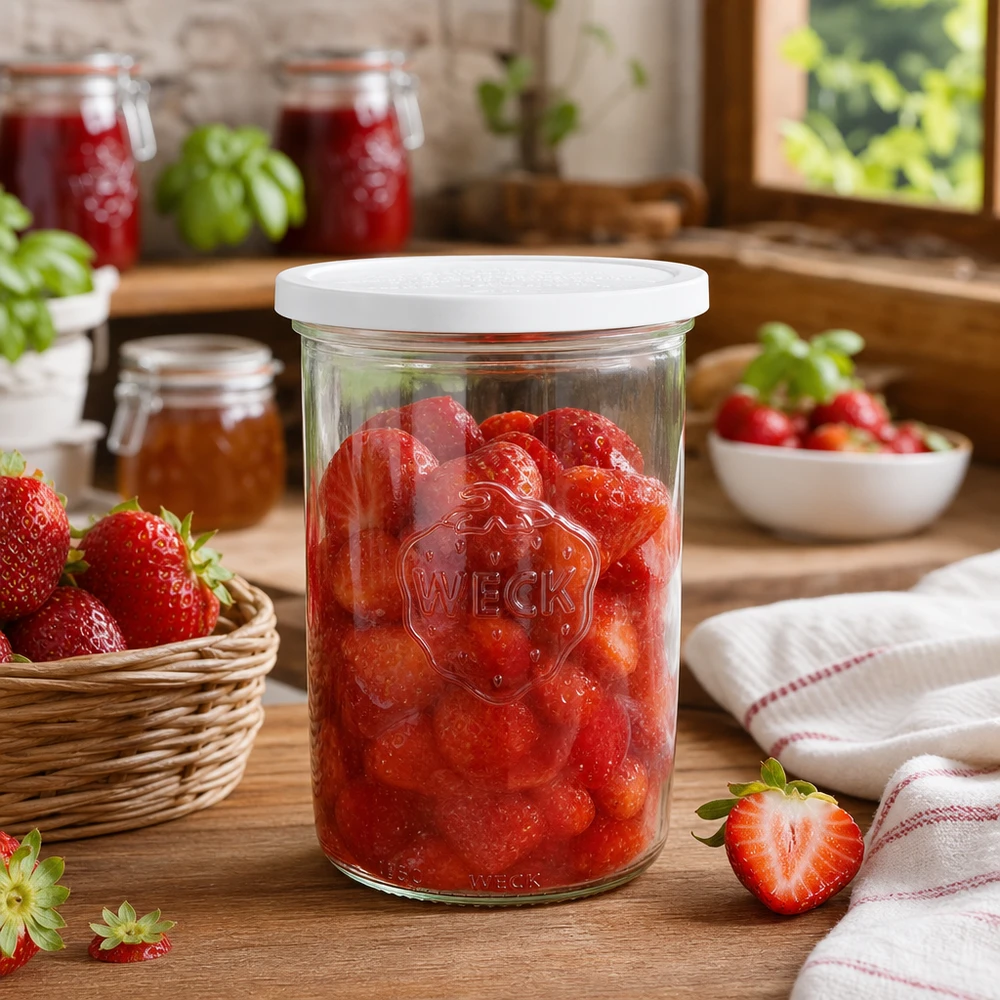 WECK vaso da conserva 1000ml RR100 con fragole in salamoia in cucina rustica con frutta fresca