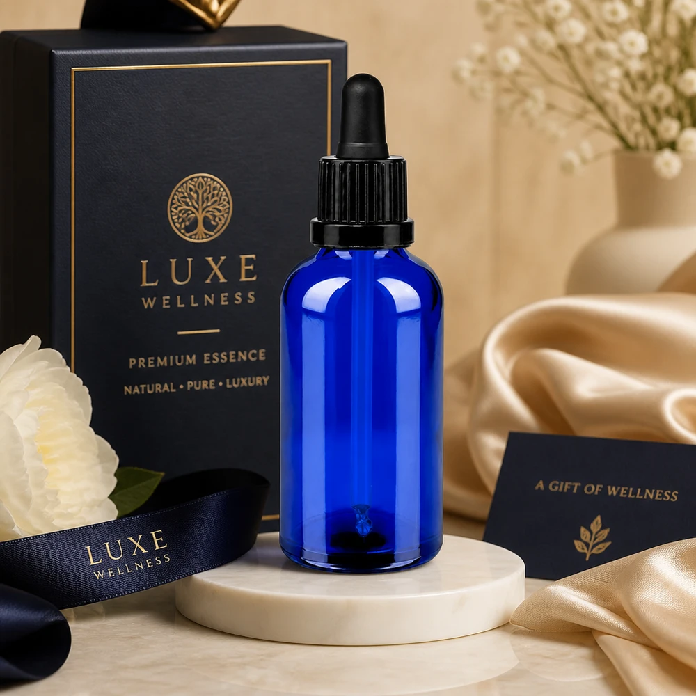 Flacone per pipette da 50ml nero OV BlueLine UT18/50 Elegante flacone in vetro blu con attacco per pipetta nero opaco per una presentazione di lusso del prodotto