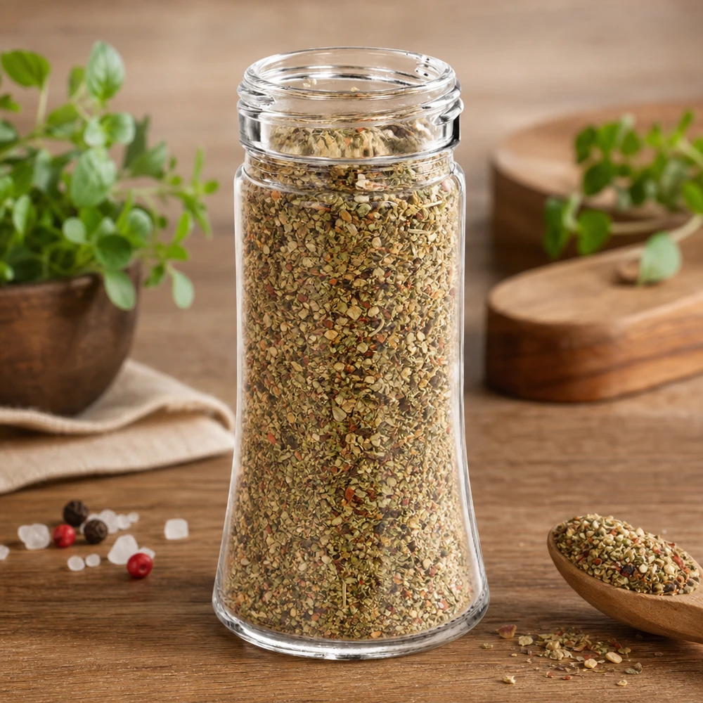 Barattolo per sale/spezie Bobby 95ml, filo 41mm vetro trasparente Barattolo per spezie Bobby da 95 ml riempito con una miscela di erbe aromatiche all'origano, accanto a piante di erbe aromatiche fresche