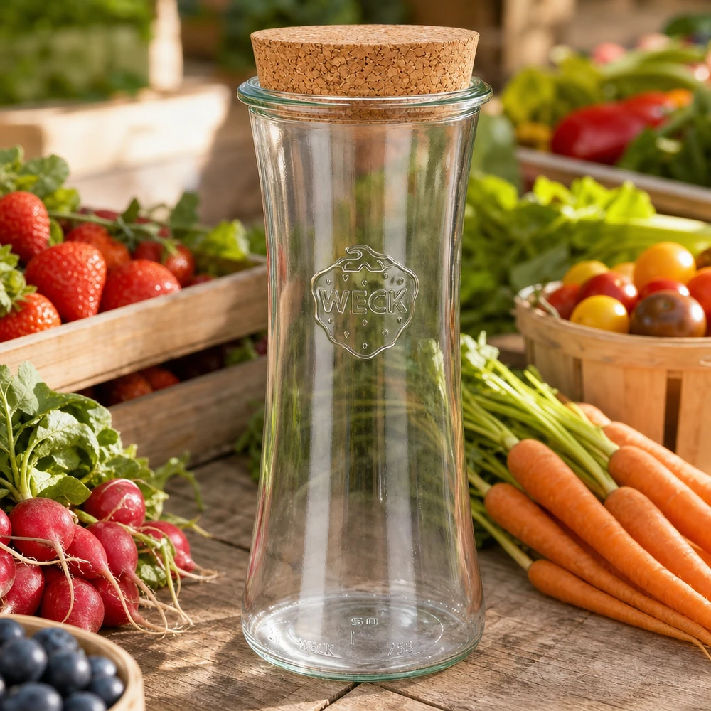 Vaso da 700 ml per gastronomia WECK RR80 con tappo in sughero naturale WECK RR80 vaso di stoccaggio 700ml vuoto con coperchio in sughero tra le verdure fresche carote ravanelli pomodori sulla bancarella del mercato