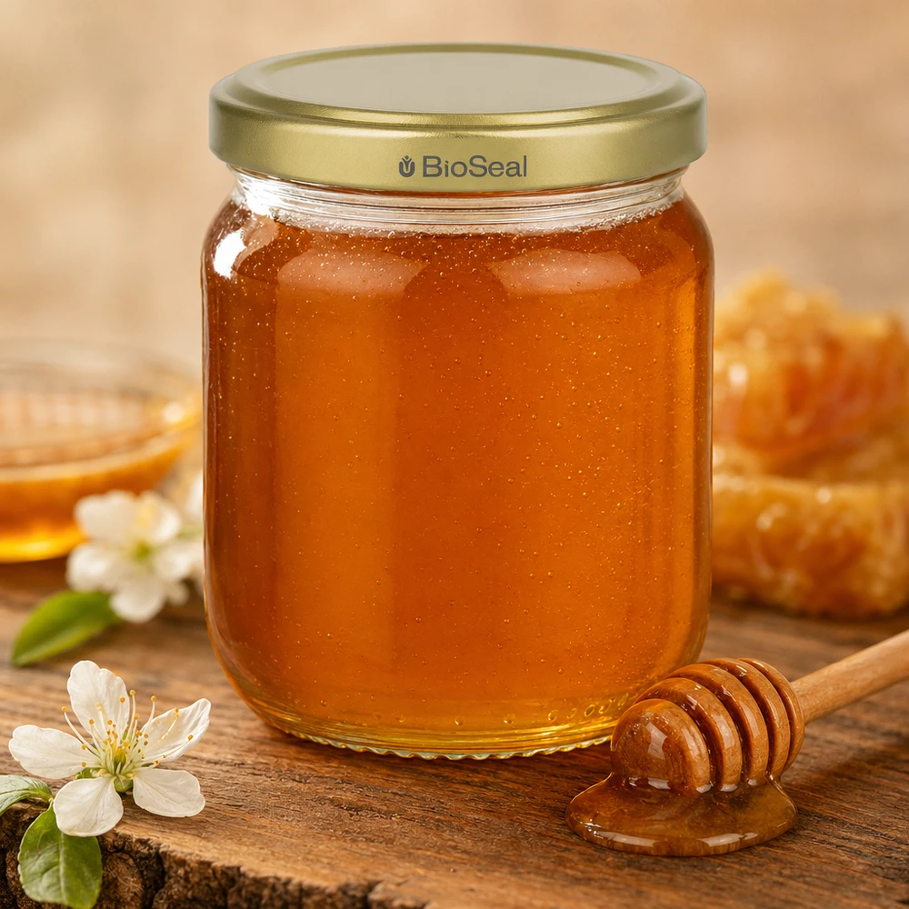 Vasetto per miele da 500 g con capsula dorata BioSeal UNiTWIST Vasetto di miele da 500 g con coperchio dorato BioSeal e cucchiaio per miele su legno rustico con fiori bianchi come decorazione