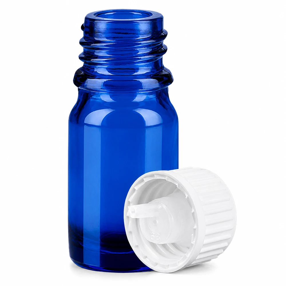 Flacone contagocce da 5 ml 0,9 mm bianco STD BlueLine UT18/5 Flacone in vetro di alta qualità da 5 ml, blu, con sistema di gocciolamento per un dosaggio preciso del liquido.