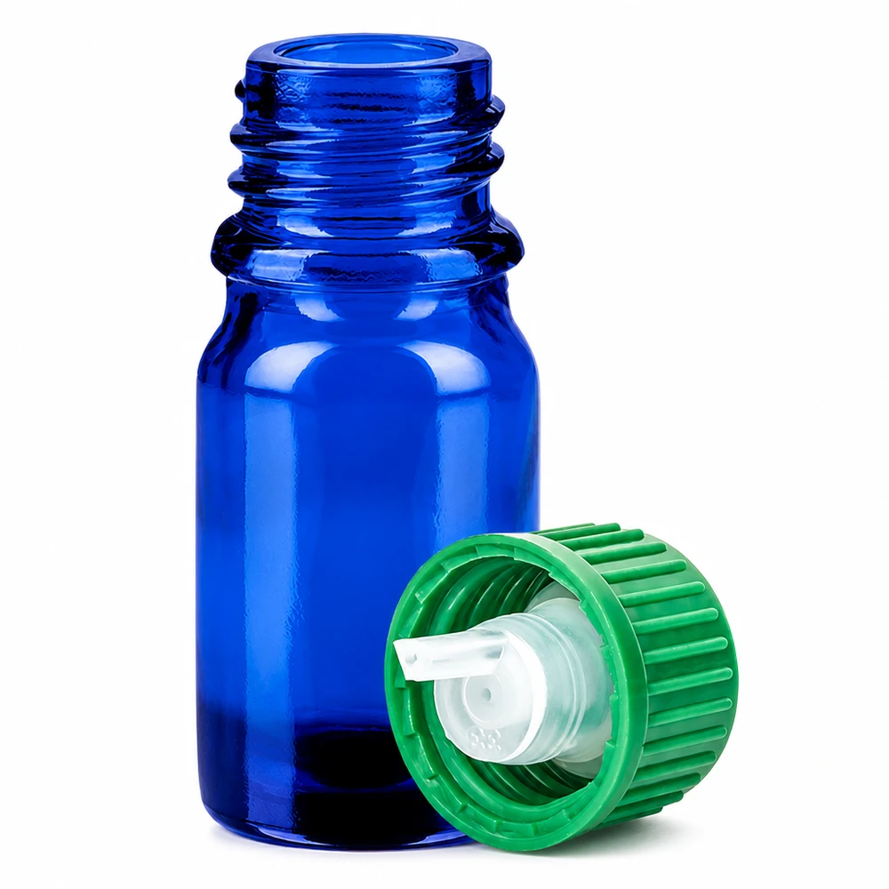 Flacone contagocce da 5 ml 0,8 mm verde STD BlueLine UT18/5 Flacone contagocce di alta qualità da 5 ml in vetro blu protetto dai raggi UV con attacco per il dosaggio