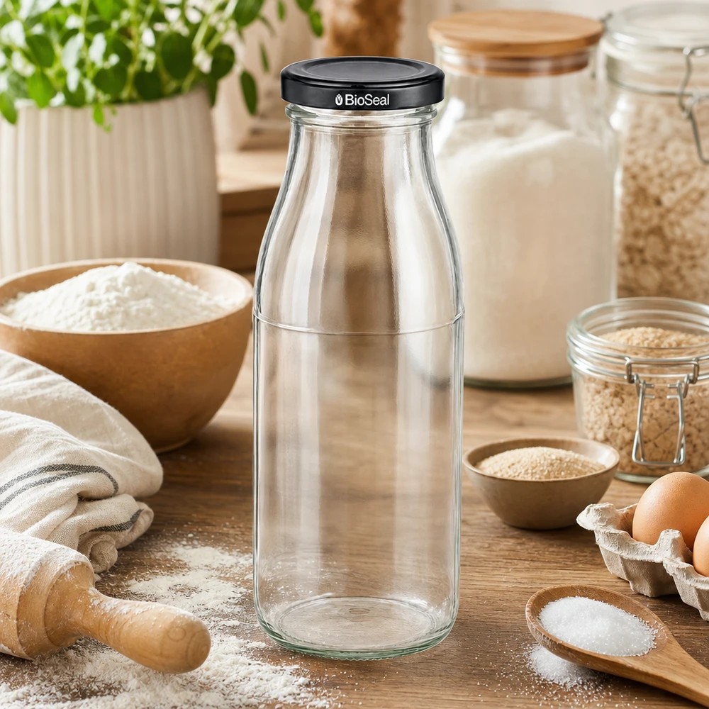 Bottiglia di vetro da 500 ml + coperchio BioSeal nero UN.. 500ml Glasflasche mit BioSeal Deckel in rustikaler Küche zwischen Backzutaten Mehl und Eiern für Kochbegeisterte