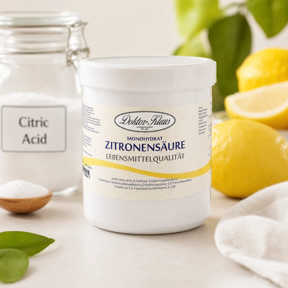 Acido citrico monoidrato 500g Doktor-Klaus per uso alimentare con limoni naturali sullo sfondo