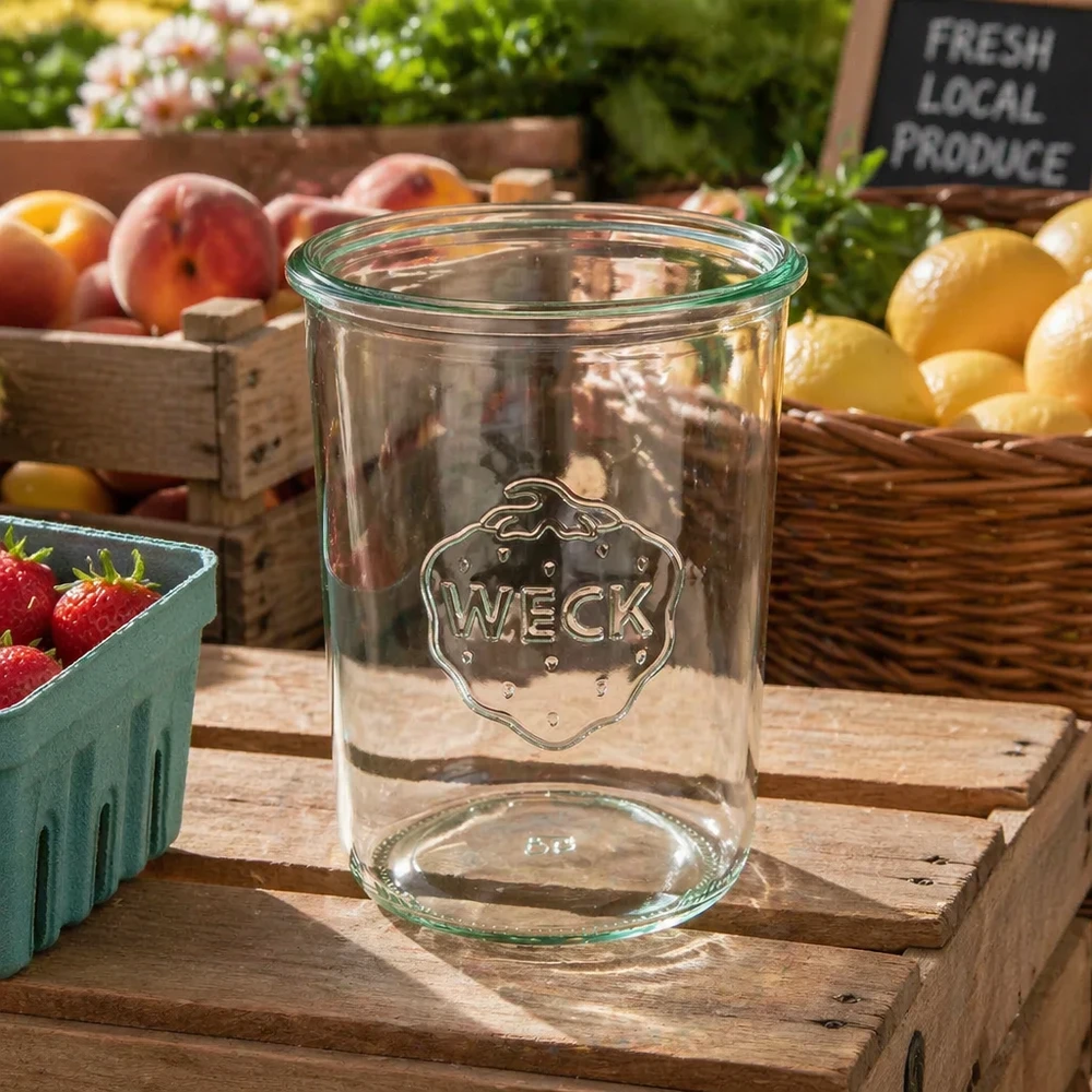 Bicchieri in vetro trasparente WECK RR100 da 850 ml con logo su cassa di legno tra frutta e verdura fresca