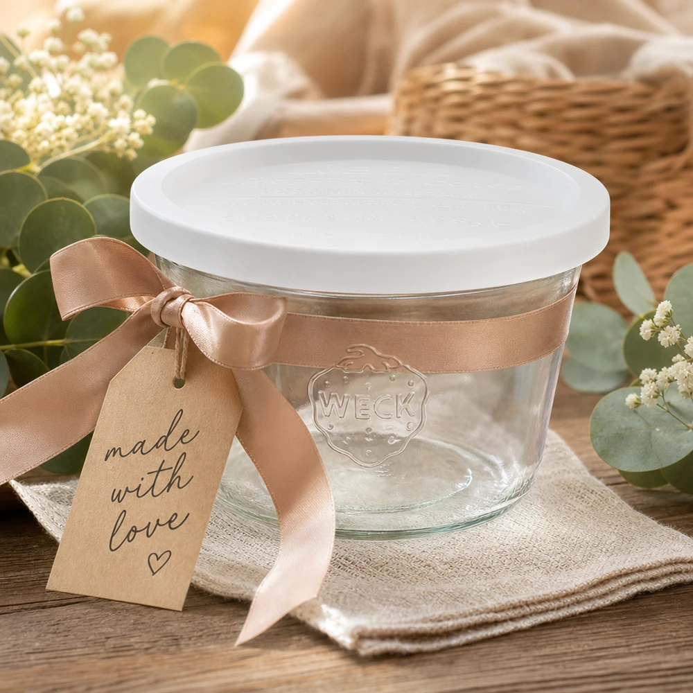 Bicchieri WECK 370ml RR100 presentati in modo decorativo con fiocco ed etichetta regalo Made with Love su un tavolo di legno