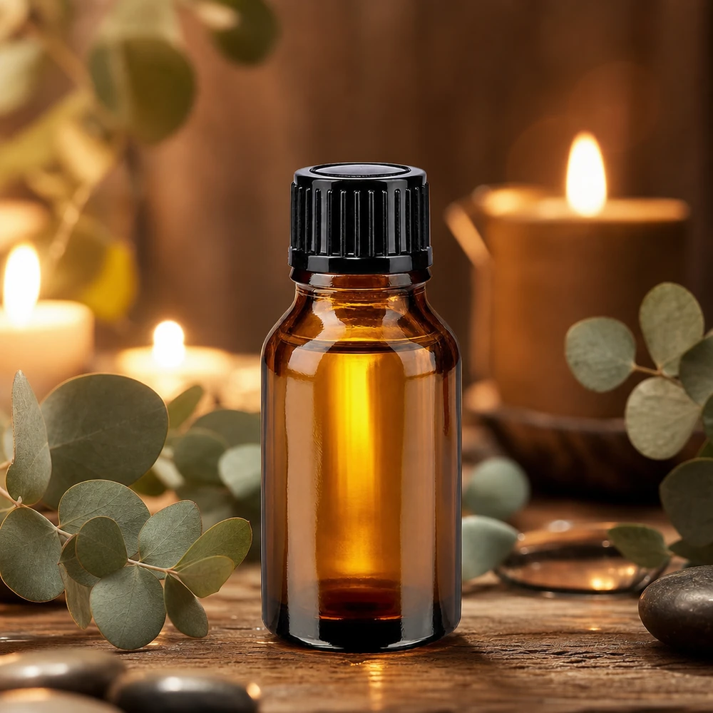 Piccola boccetta in vetro ambrato da 15 ml con tappo a vite nero per oli essenziali