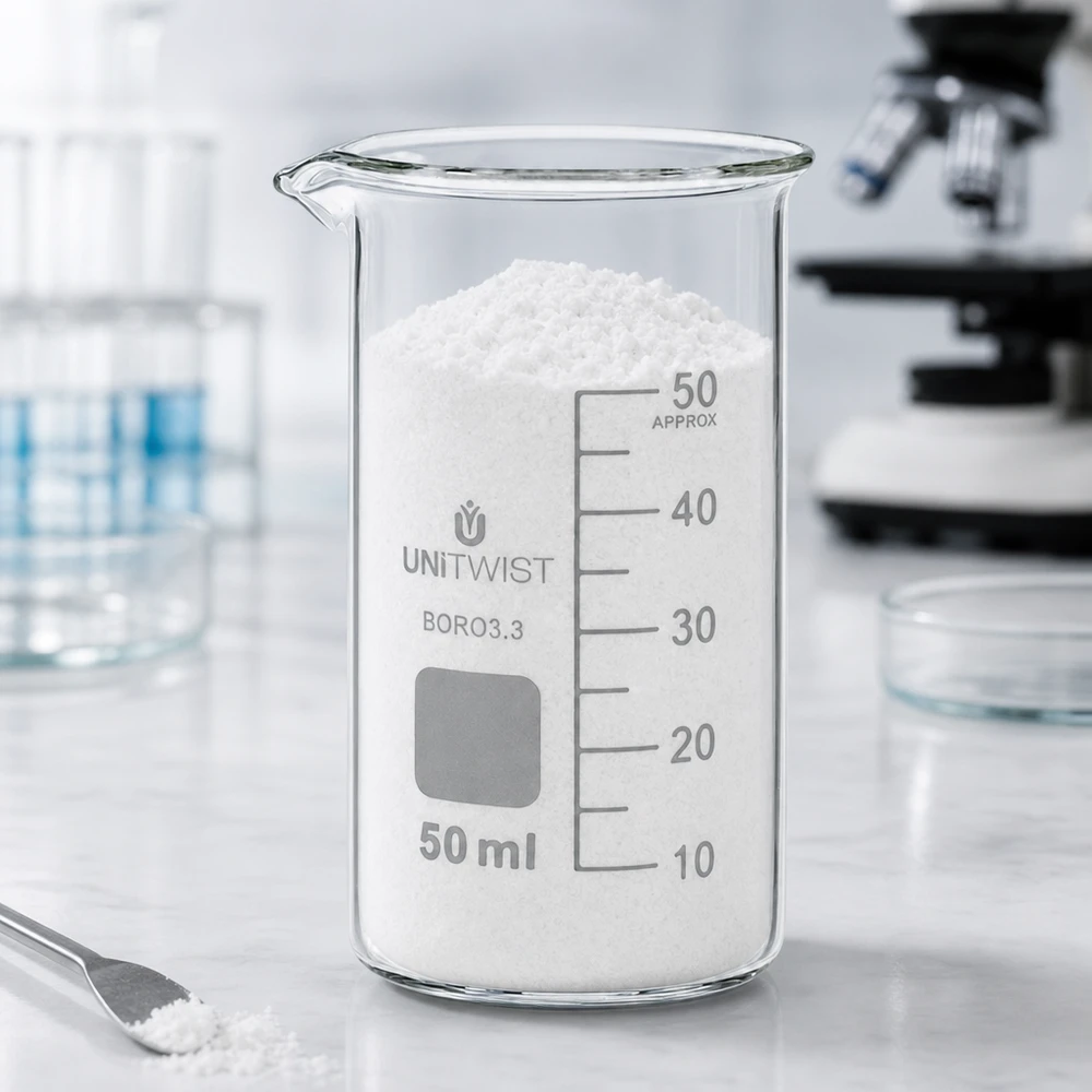 UNITWIST: becher da 50 ml, forma alta, in vetro borosilicato, riempito con polvere bianca in laboratorio