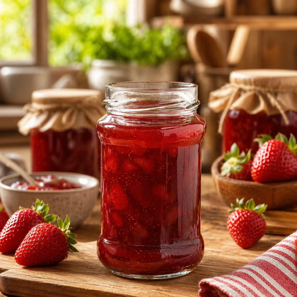 UNiTWIST Runda390 - Barattolo rotondo capacità 390ml TO66profondo Barattolo rotondo da 390 ml pieno di marmellata di fragole su un tavolo di legno con fragole fresche e altri barattoli di marmellata sul retro
