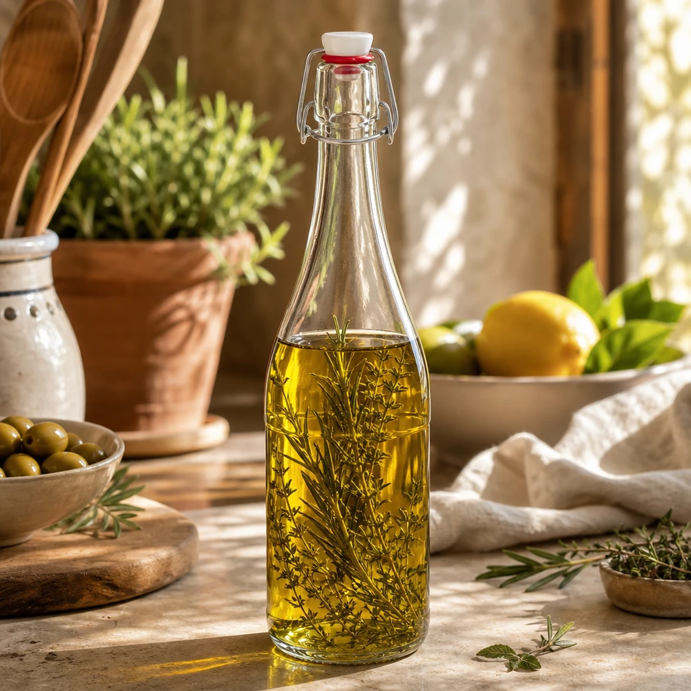 Bottiglia in vetro da 750 ml + tappo a battente in PVC UNiTWIST Bottiglia di vetro da 750 ml con tappo oscillante riempito di olio alle erbe Esempio di applicazione Cucina Mediterraneo decorativo