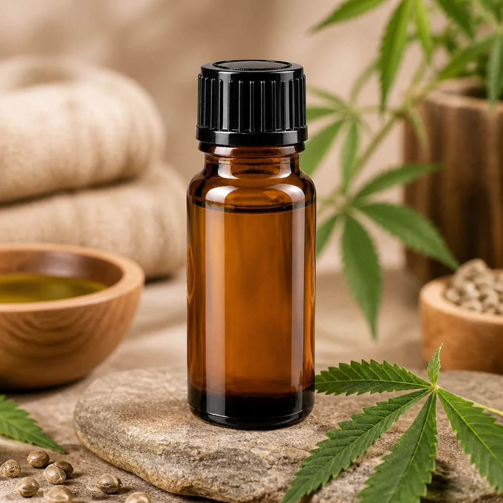 Flacone da 10 ml in vetro ambrato con tappo contagocce nero accanto a foglie di cannabis e semi di canapa