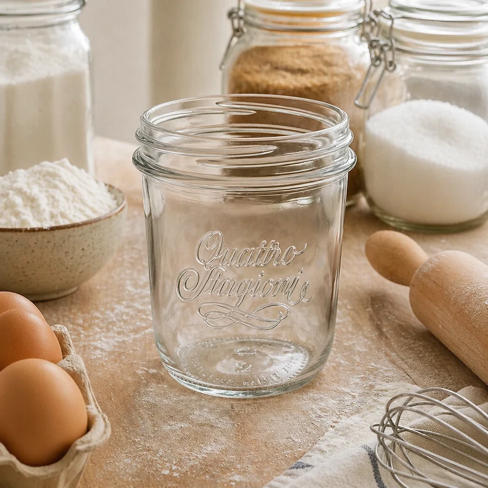 Vaso da 320ml Quattro Stagioni QS86mm sul tavolo della cucina con ingredienti da forno uova e farina