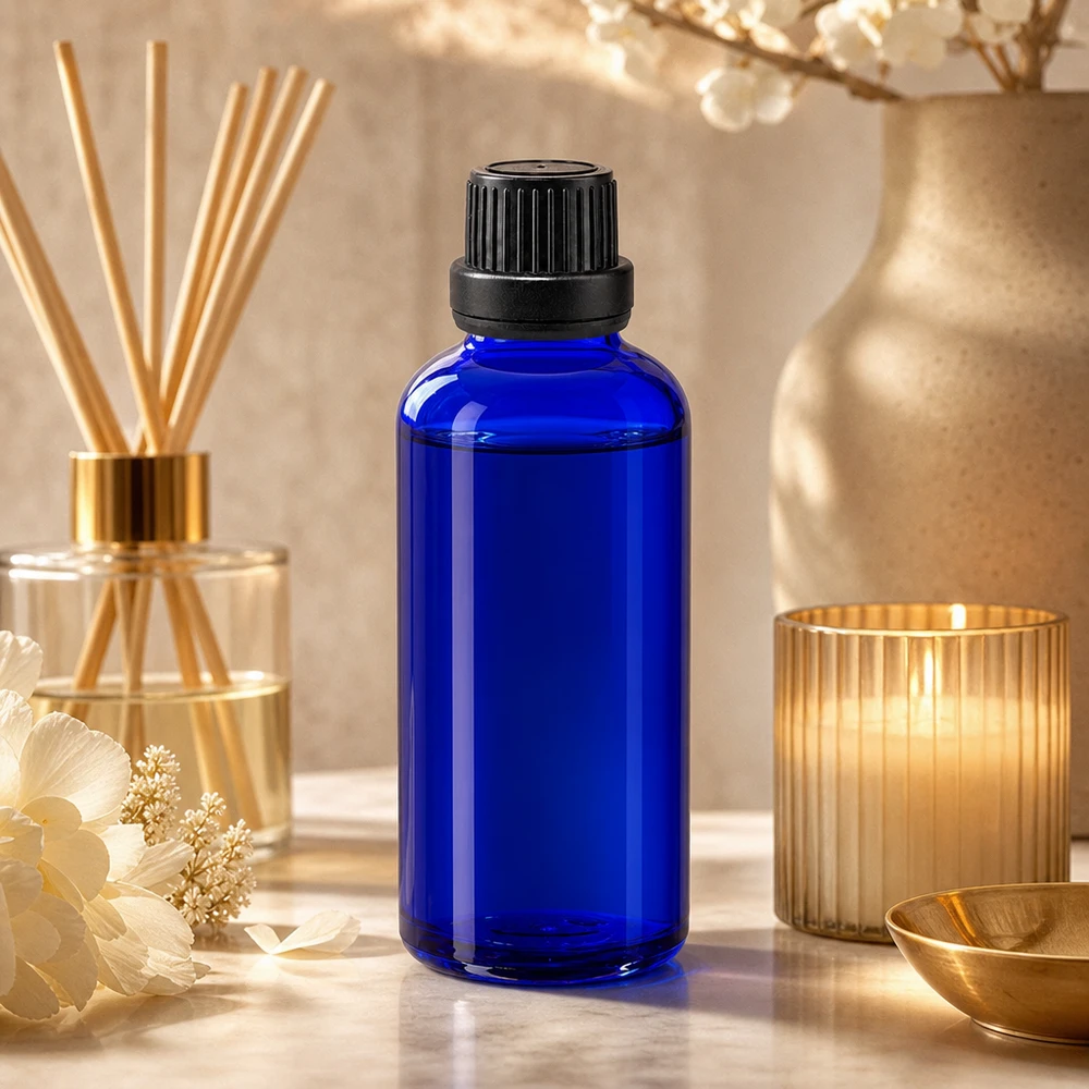 Flacone contagocce blu da 50 ml OV nero/2mm ApoGlas Flacone contagocce blu da 50 ml con beccuccio dosatore da 2 mm e tappo nero su fondo marmorizzato con profumo per ambienti