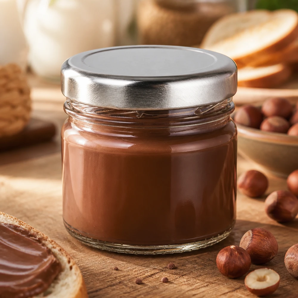 Vasetto di marmellata da 33 ml con coperchio ermetico BasicSeal e ripieno di crema di nocciole