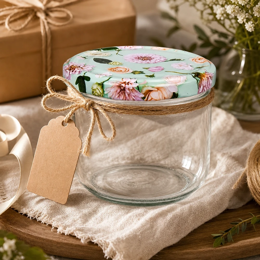 260ml tumbler + BasicSeal coperchio fiore menta UNiTWIST Bicchieri decorati da 260 ml con coperchio a fiore BasicSeal alla menta, cordoncino di iuta, etichetta regalo su panno di lino