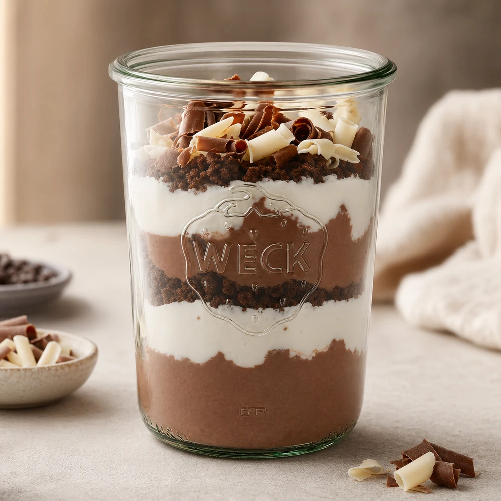 Bicchieri WECK RR100 da 850 ml riempiti con un dessert a strati di mousse al cioccolato, crema e briciole di biscotto