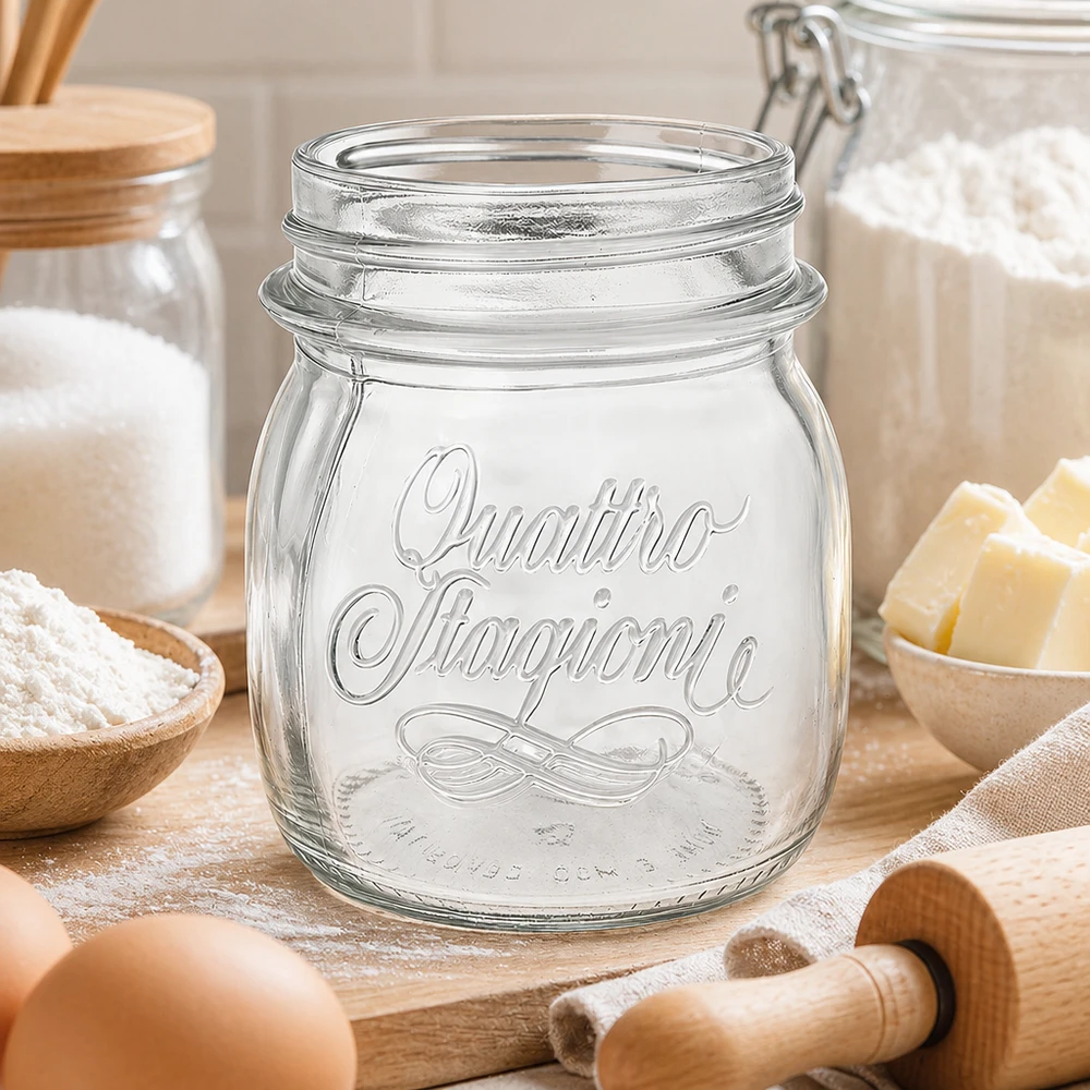 Bicchiere da 250 ml per uso domestico "Quattro Stagioni Barattolo da 250ml Quattro Stagioni per conserve con emblema su tavolo in legno con utensili da cucina e ingredienti