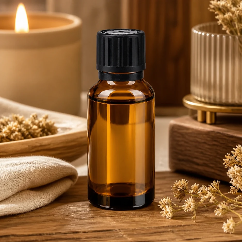 Flacone da farmacia da 20 ml in vetro ambrato con dosatore da 1 mm e chiusura di sicurezza nera a prova di bambino, in stile wellness