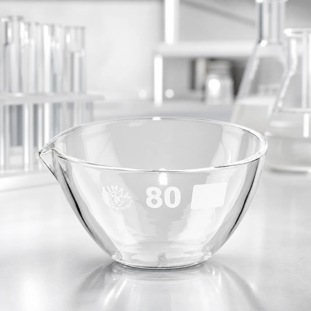 Piatto di evaporazione da 90ml con beccuccio in borosilicato ø80mm Piatto di evaporazione in borosilicato da 90 ml lavabile in lavastoviglie e dotato di beccuccio per una facile pulizia e manutenzione