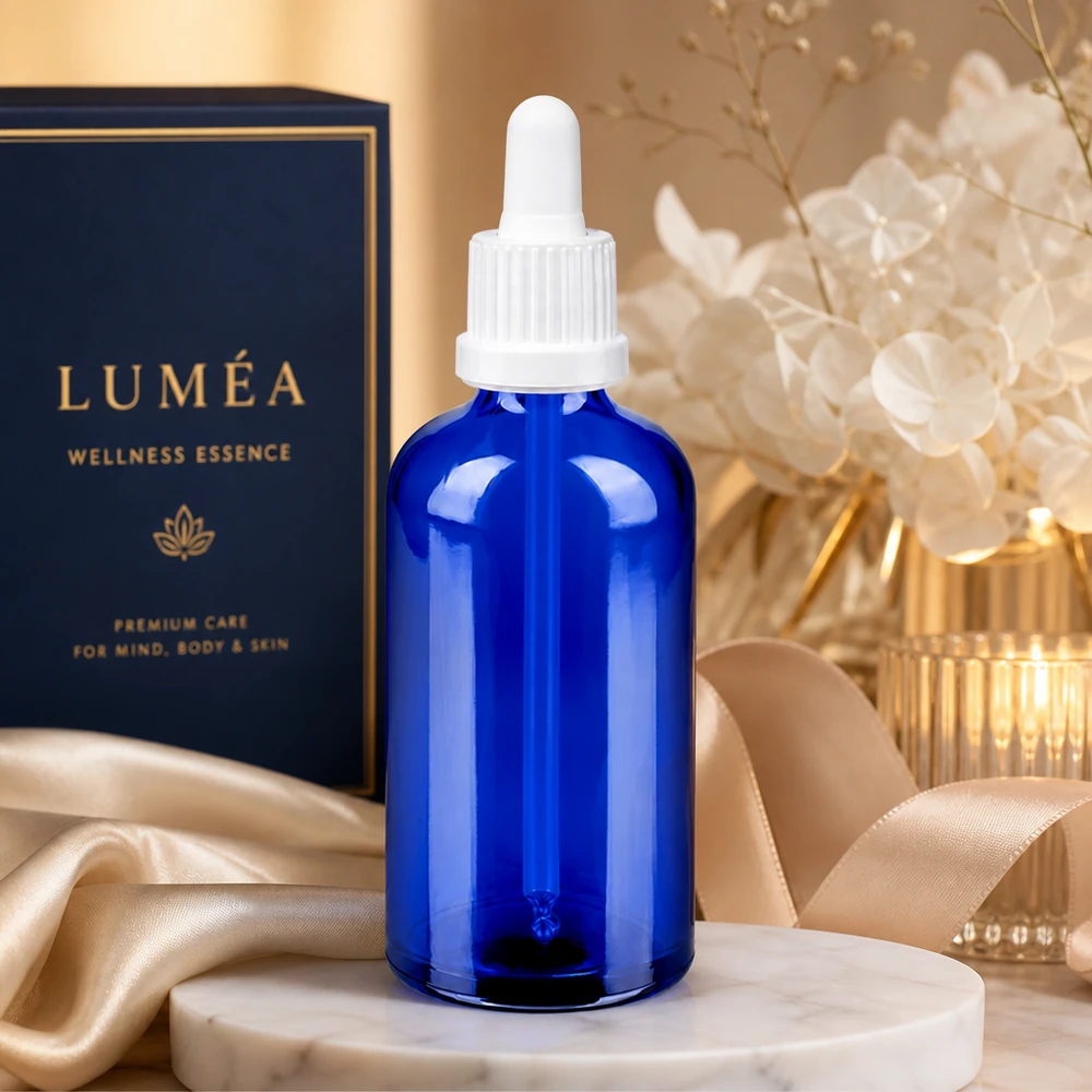 Flacone per pipette da 100 ml bianco OV BlueLine UT18/100 Bottiglia moderna in vetro blu da 100 ml con tappo per pipetta bianco a prova di bambino BlueLine UT18/100