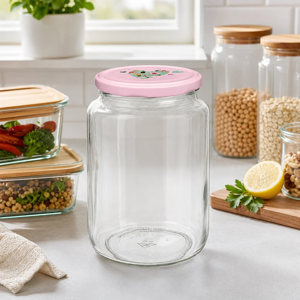 795ml vaso rotondo + coperchio BasicSeal cuore rosa UNiTWIST Vorratsglas 795ml in Küche mit rosa Herzdeckel für Lebensmittelaufbewahrung neben anderen Glasbehältern