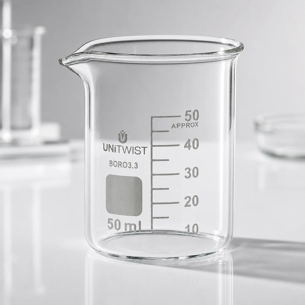 Bicchiere di vetro trasparente vuoto da 50 ml, forma bassa, UNiTWIST BORO 3.3 su un piano di lavoro bianco da laboratorio