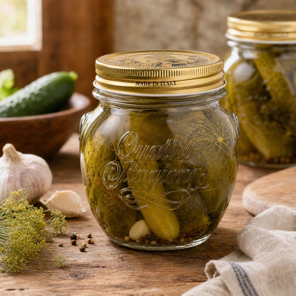 Barattolo rotondo Quattro Stagioni da 300 ml con coperchio dorato pieno di cetriolini sott'aceto su un tavolo di legno rustico Made in Italy