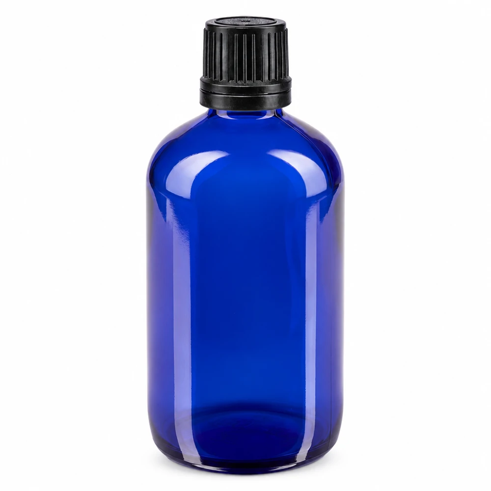 Flacone da farmacia in vetro blu da 100 ml con tappo originale nero da 8 mm