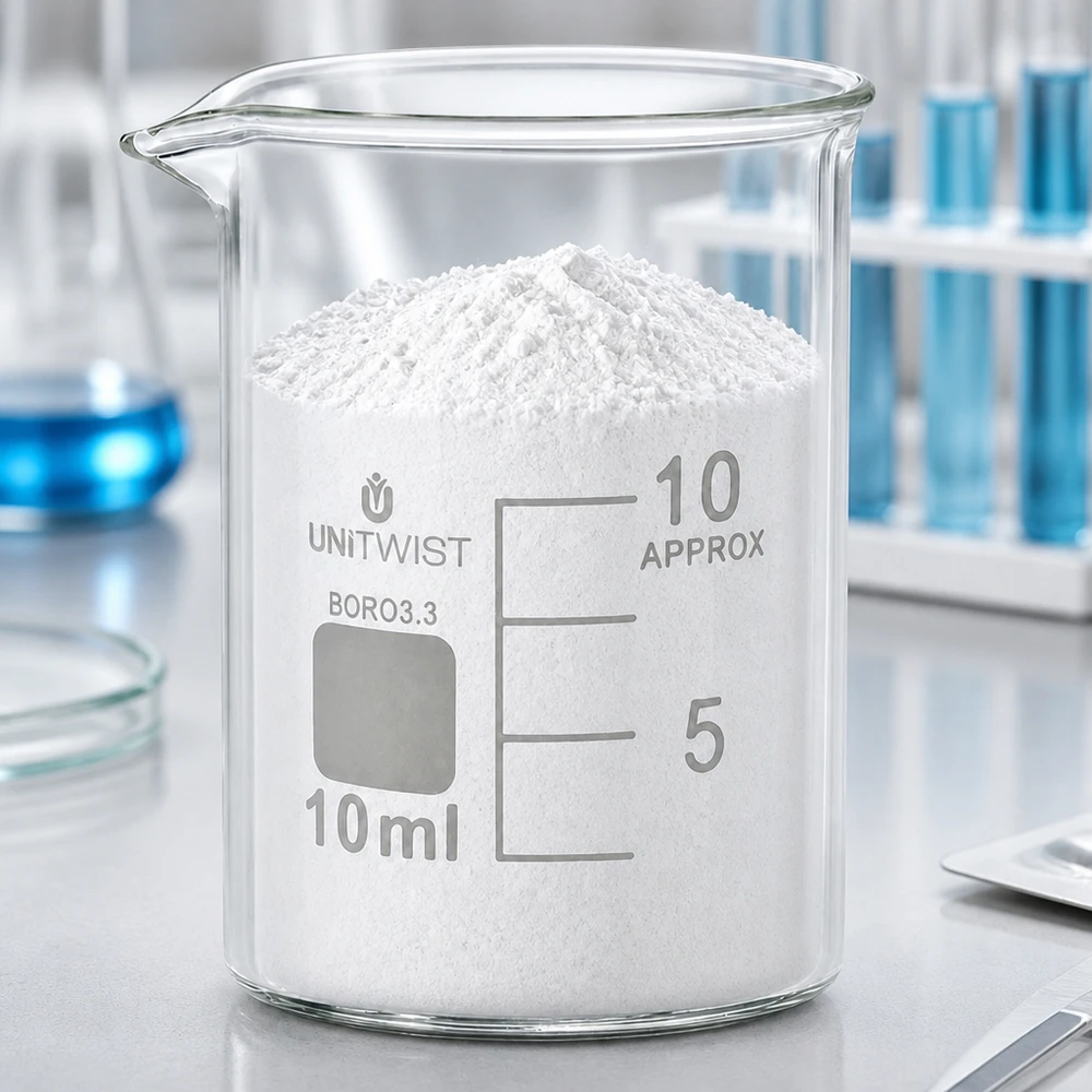 Bicchiere da laboratorio UNiTWIST da 10 ml, di forma bassa, contenente polvere bianca in un laboratorio professionale