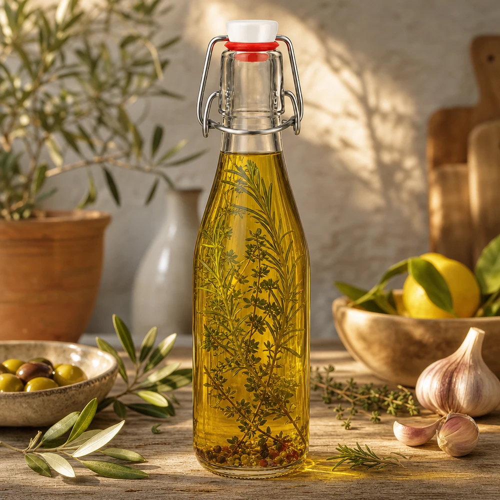 Bottiglia di vetro da 250 ml + tappo girevole in PVC UNiTWIST Bottiglia in vetro da 250 ml con tappo girevole riempita con olio alle erbe, ambiente mediterraneo con olive e aglio
