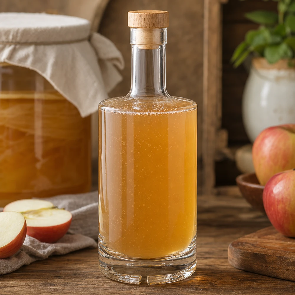 Bottiglia di vetro Nora da 500 ml riempita di succo di mela in cucina rustica con mele e tappo di legno UNiTWIST