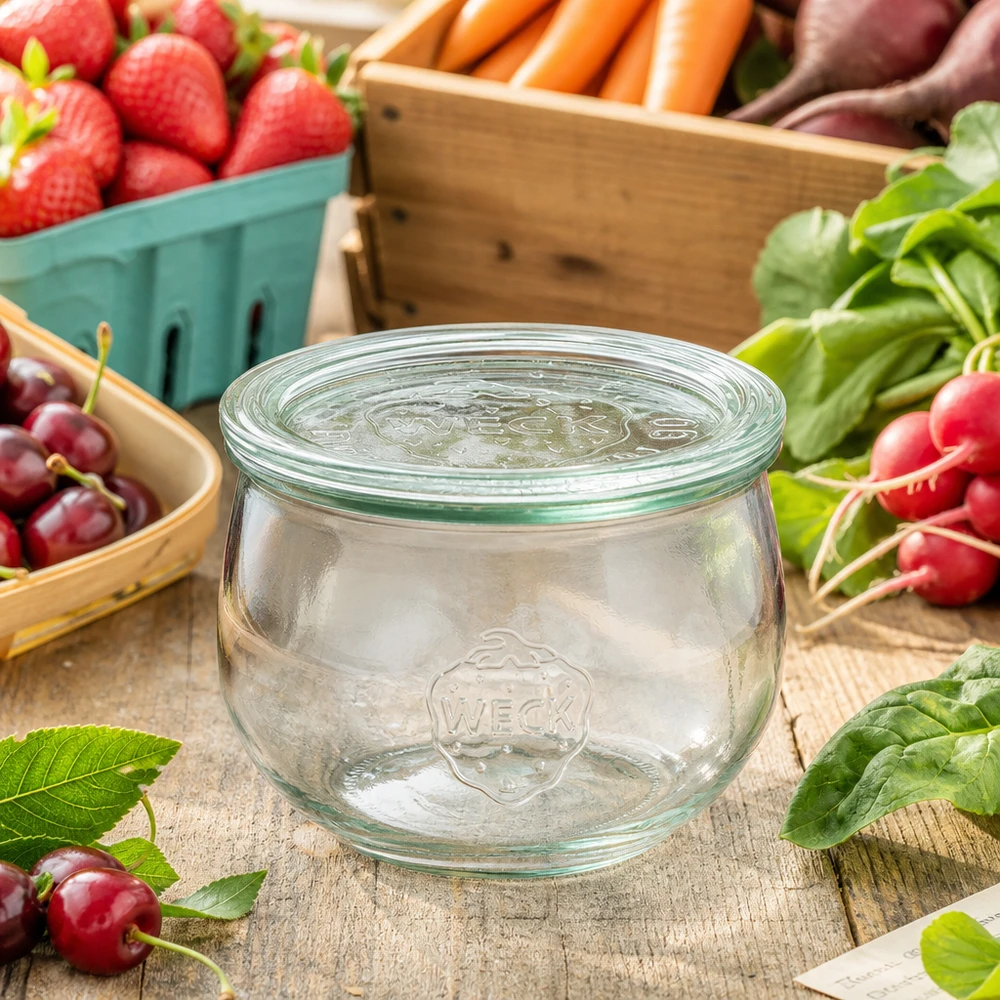 Barattolo a tulipano da 580 ml con coperchio in vetro WECK RR100 Vaso a tulipano WECK 580ml RR100 con coperchio in vetro disposto tra frutta e verdura fresca su un tavolo di legno rustico