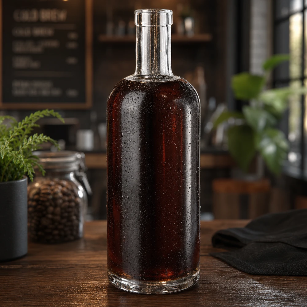 Bottiglia in vetro da 750 ml Emma senza tappo UNiTWIST® Bottiglia di vetro Emma da 750 ml riempita di whisky scuro in una cucina rustica con gocce d'acqua in superficie
