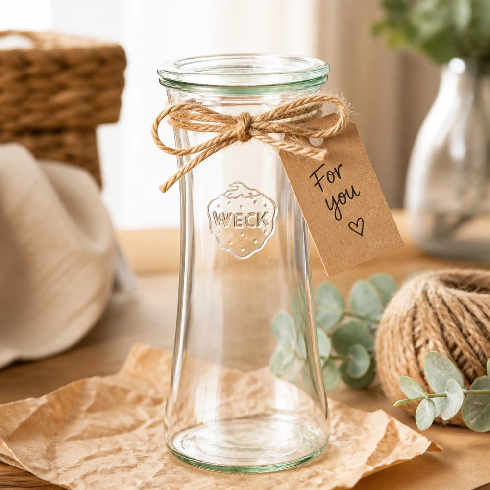Barattolo da 700 ml con coperchio in vetro WECK RR80 WECK Delikatessenglas 700ml RR80 mit Geschenkanhänger und Juteschnur - dekoratives Einmachglas als Geschenkidee