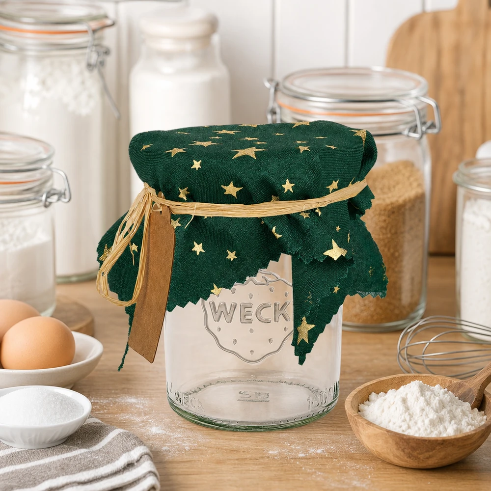 Centrino verde a forma di stella di 15 cm di lato su vaso Weck in cucina tra uova, farina e contenitori di stoccaggio
